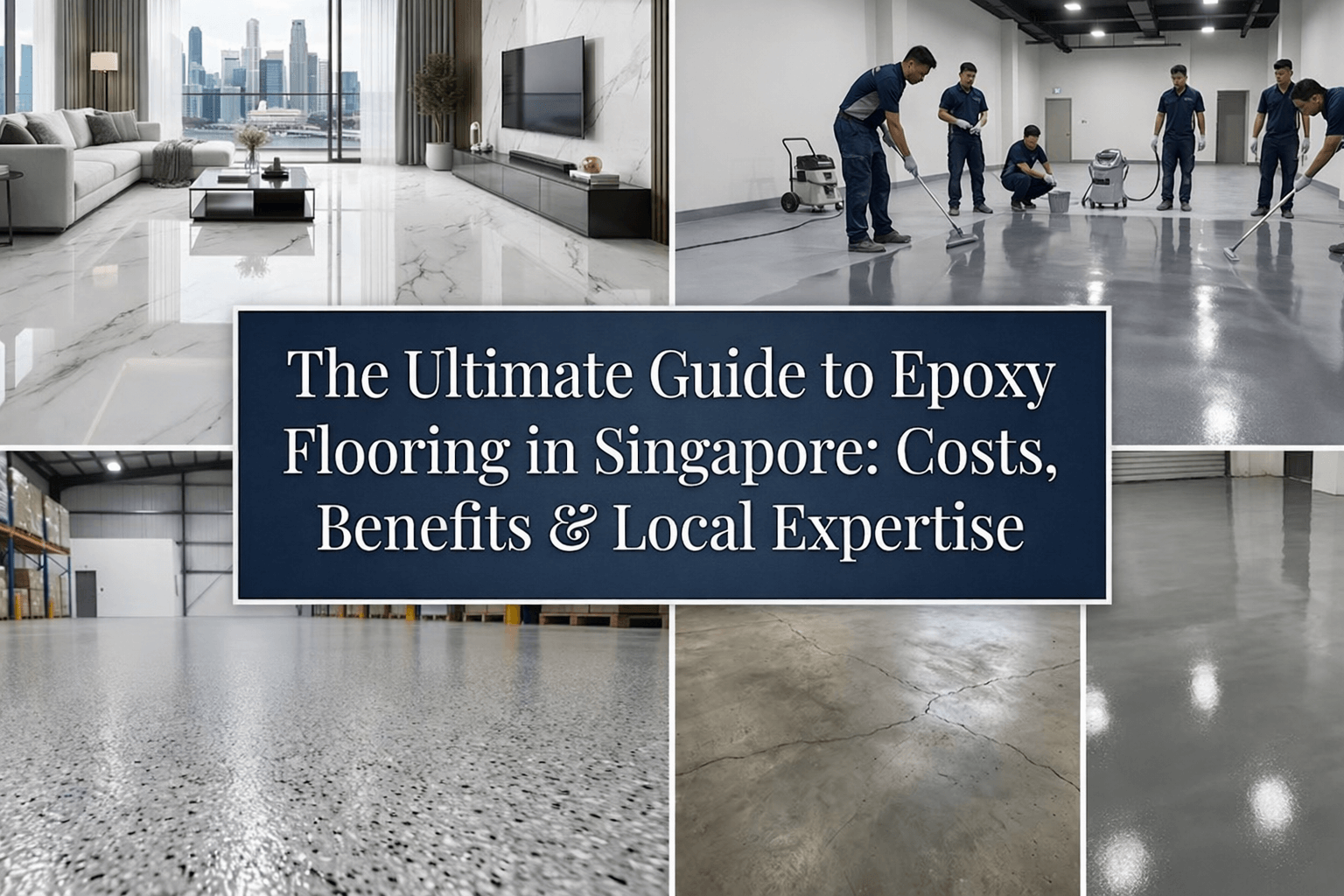 A collage showcasing epoxy flooring in various settings in Singapore: a modern living room with polished marble-look epoxy, a team applying epoxy in a spacious commercial area, a warehouse with speckled flooring, and a close-up of a glossy, polished gray floor with visible cracks beneath the surface.