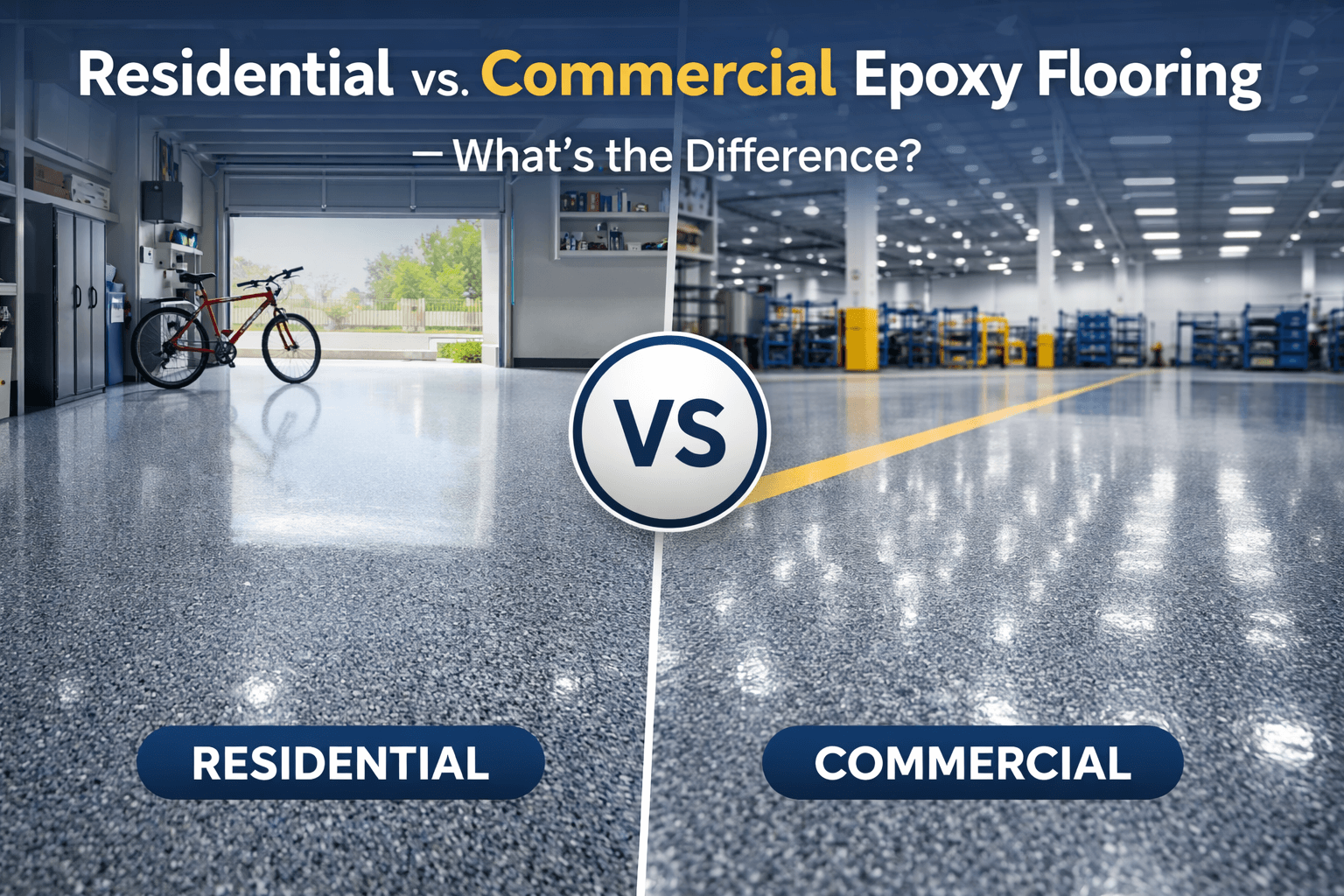 Comparison of residential and commercial epoxy flooring with polished garage floor on the left and industrial warehouse floor on the right