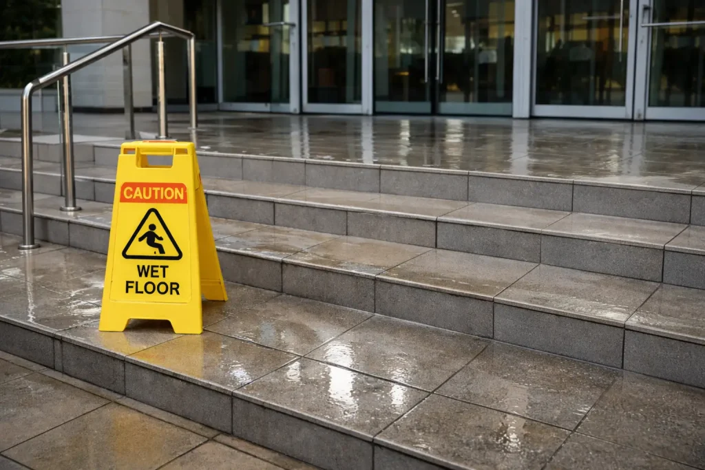 Wet and slippery commercial floor before anti slip coating application in Singapore