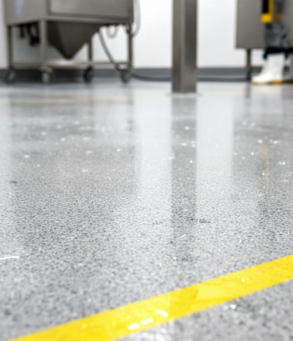 Anti slip epoxy flooring in industrial facility with safety line and textured surface